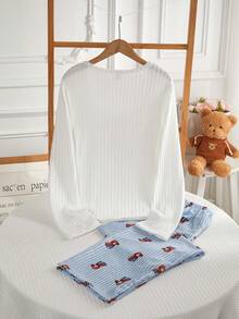 Teenage Girls White Pajama Set,Autumn Casual Family Matching Long Sleeve Top & Striped Bear Print Pants,Ribbed Bubble Crinkle Homewear Lounge Outfit - White - View 2