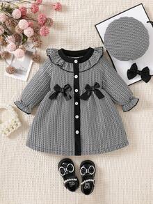 SHEIN Elladie kids Baby Girl Classic Black & White Contrast Plaid Pattern Ruffle Hem Bow Decor Dress & Hat Set - Black and White - View 3