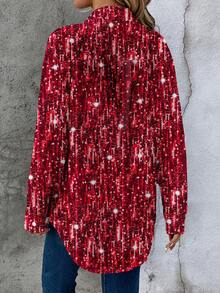 SHEIN LUNE 休闲简约仿亮片印花图案女式长袖衬衫，适合新年、秋冬季、新年派对、家庭聚会、亲子装/情侣装/姐妹装。 - 彩色 - 查看 3