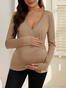 SHEIN Pregnant Women's Sports Long Sleeve Deep V-Neck Criss-Cross Drawstring Bowknot T-Shirt - Brown - View 4