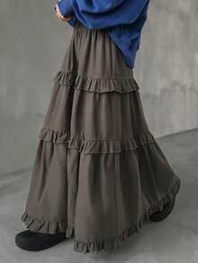 FRIFUL 女士休闲纯色荷叶边下摆半身裙 - 灰色 - 查看 6