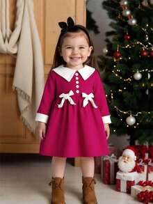 SHEIN Váy nơ trang trí khối màu thanh lịch cho bé gái - Đỏ - Xem 3