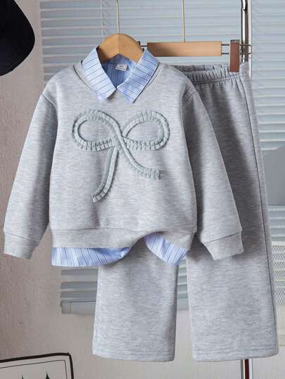Genkimix Kids Conjunto informal de niña con camisa de rayas de cuello y sudadera de 2 en 1 de manga larga y pantalones de pierna ancha, otoño/invierno