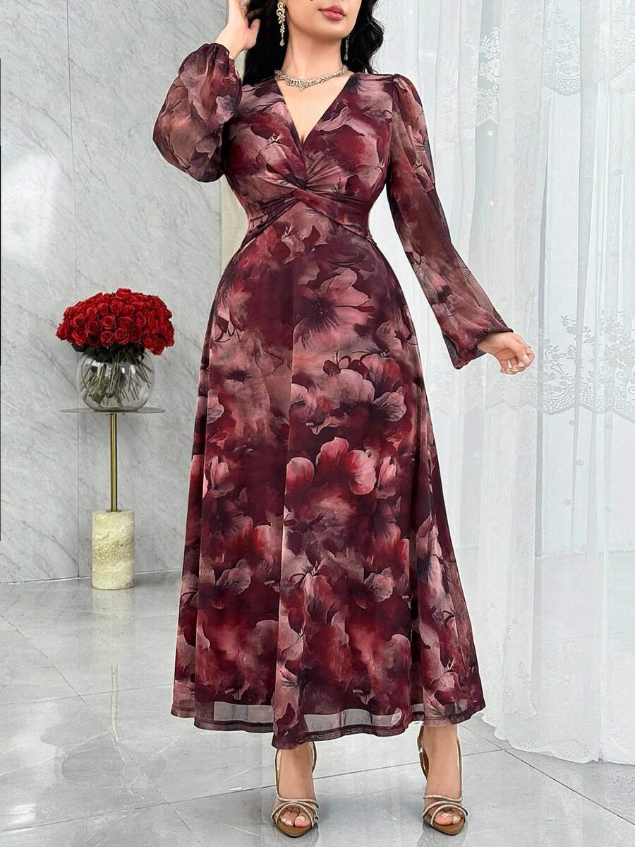 Modelyn 女式花卉印花扭纹设计灯笼袖优雅连衣裙