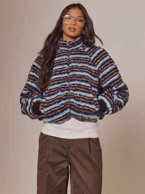 MUSERA Stripe High Neck Zip Through Fleece Jumper Jacket Fall Autum Winter Cottage Core Cute Cosy Christmas Holidays Country Calling