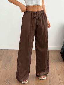 Flirla Petite Women's Casual Versatile Solid Color Wide Leg Pants Fall Cloth For Women - Brown - View 3
