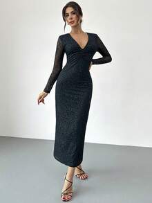 Firerie Women's New Elegant Sexy Long Sleeve Black Lace Leopard Print Flocked Deep V-Neck Bodycon Dress, Suitable For Party, Concert, Ball, Slim Fit Design, Tea Party Dress, Women's Autumn/Winter Dress, Date Night Outfits For Women, Leopard Print Dress, Party Dress - Black - View 7