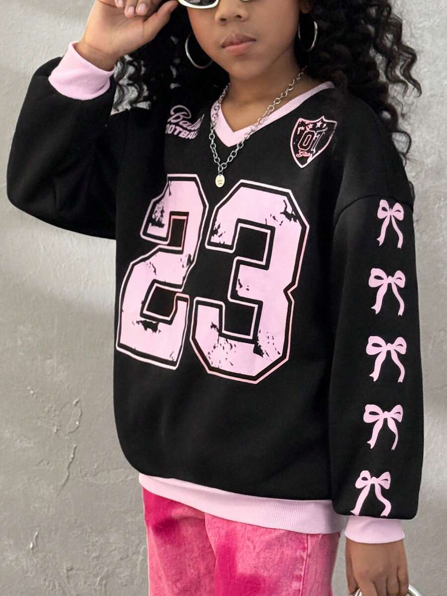 Coolane Kids 休闲简约粉色蝴蝶结图案圆领短袖宽松女童毛衣返校 - 黑色 - 查看 1