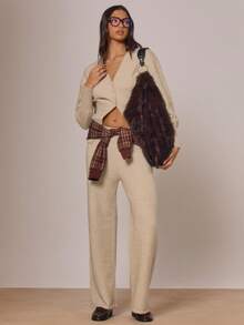 MUSERA Pantalon à jambes larges avec taille élastique, style cottage d'hiver, mignon et confortable, idéal pour les vacances à la campagne - Camel - Voir 2