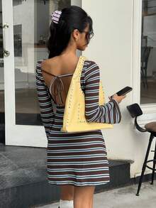SHEIN EZwear 女士灰色条纹针织露背连衣裙 - 彩色 - 查看 6