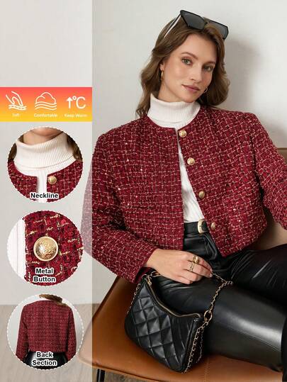 Zelara Plus Size Women's Red Tweed Metal Single-Breasted Jacket, Autumn/Winter Winter Jacket For Women Women's Winter Coat Winter Cozy Fall And Winter For Women Coat Fall Winter 2025 Women Christmas For Women New Year Look Red Top Sparkly Top Elegant New Year Women New Year Look Christmas For Women Christmas Party