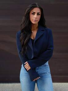 SAYEHFBABY Women Casual Commuting Solid Color Cropped Blazer Fall Cloth For Women - Navy Blue - View 6