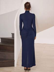 Modelyn Vestido de manga larga con cuello alto y decoración de strass de unicolor, elegante para mujer - Azul - Ver 2