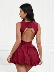 SHEIN Essnce Women's Summer Ruched Waist Backless Puffball Hem Denim Dress - Burgundy - View 2
