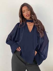 Aloruh 女士优雅通勤雪纺深V领系带长袖衬衫 - 藏蓝色 - 查看 5