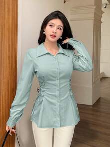 Modelyn 优雅通勤纯色交叉系带腰部时尚衬衫 - 藍色 - 查看 4