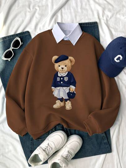 SHEIN 1 pieza Sudadera holgada de estilo vintage con estampado gráfico y cuello redondo de manga larga para niña preadolescente, adecuada para la escuela, actividades casuales, otoño/invierno, Navidad, moda de vacaciones