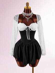 Amplova Black And White,Autumn,Elegant,Goth,Night Out Fitted Semi-Sheer Heart-Shaped Bust Long Sleeve Bodycon Mini Dress,Open Back & Criss-Cross Corset Dress - Black - View 1