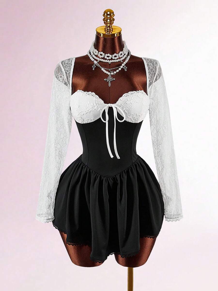 Amplova Black And White,Autumn,Elegant,Goth,Night Out Fitted Semi-Sheer Heart-Shaped Bust Long Sleeve Bodycon Mini Dress,Open Back & Criss-Cross Corset Dress - Black - View 1