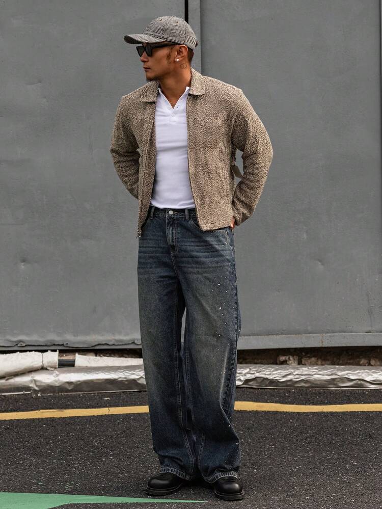 Men's Autumn Sequin Embellished Distressed Washed Blue Jeans, Streetwear Style