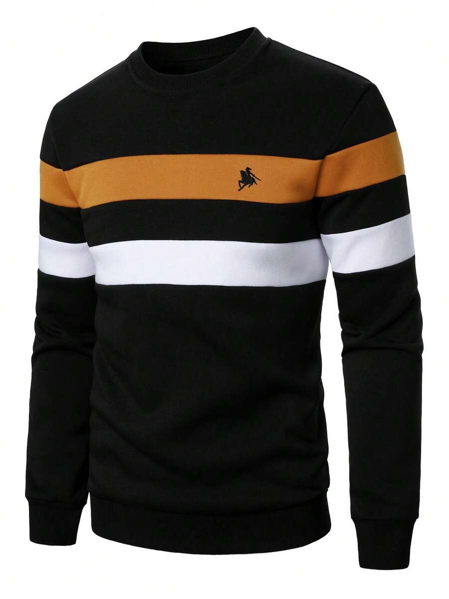 Manfinity Homme Sudadera casual de cuello redondo de manga larga con estampado de caballero a rayas para hombre, otoño - Multicolor - Ver 1