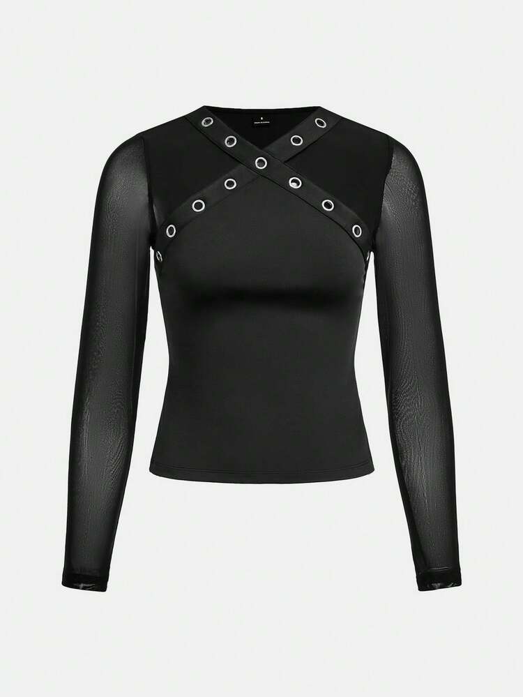 SHEIN Maija Outfit Deas For Black V-Neck Eyelet Design Metal Decor Mesh Patchwork Fitted Waist Long Sleeve Top,  Going Out Versatile For Urban Chic Collection Black Top Sequin Top Sequin Black Top Women's Social Blouse