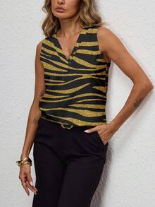 Shutterstock Glamance Shiny Sequin Zebra Print Sleeveless V-Neck Party Top For Women, New Year Sleeveless Animal Print Top Zebra Print Top Gold Zebra Print Top Zebra Print V-Neck Top Tiger Print Top - Multicolor - View 4