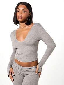 SUMWON WOMEN Heathered Notch Neck Long Sleeve Lounge Top Casual Comfort Winter Layering Essential Basic Pullover - Grey - View 5