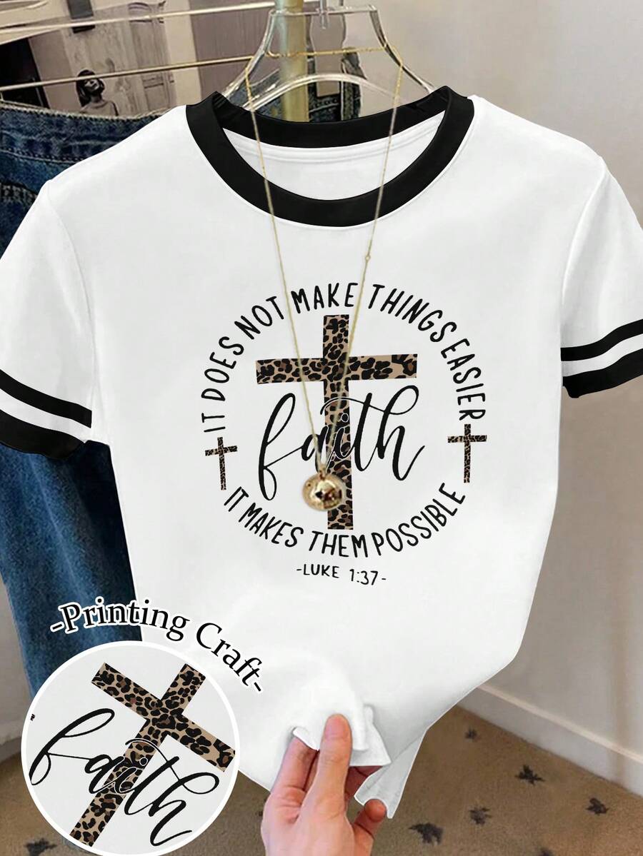 SHEIN Atasan Kaos Wanita Motif Salib Iman Leopard Print Longgar Kasual dengan Garis Blok Warna Kontras Leher Bulat - MultiWarna - View 1