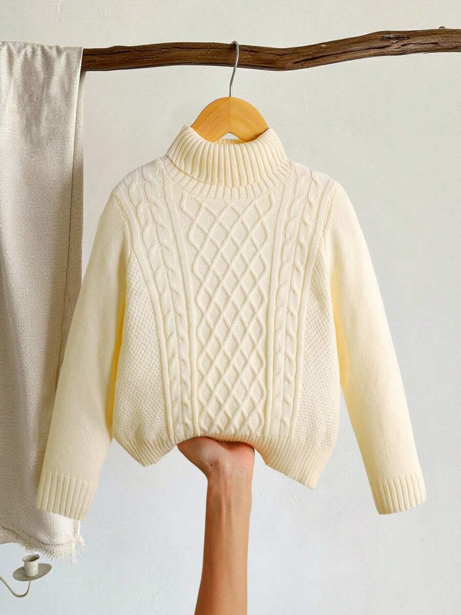 SHEIN LMoss Kids 年轻女孩纯色立领修身休闲毛衣 - 米色 - 查看 1