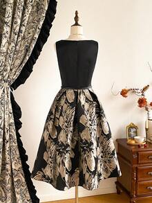 Vintamour Vintage Classic Elegant Women's Dress, Fitted Jacquard Crew Neck Sleeveless Midi Dress With Belt And Pockets, Black New Year Valentine - Black - View 2