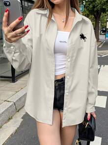 女士休闲宽松长袖衬衫 - 杏色 - 查看 3