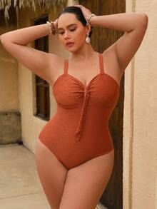 Swim Oasis 大码女式假日沙滩度假镂空花卉连体泳衣带泳裙两件套 - 橘色 - 查看 9