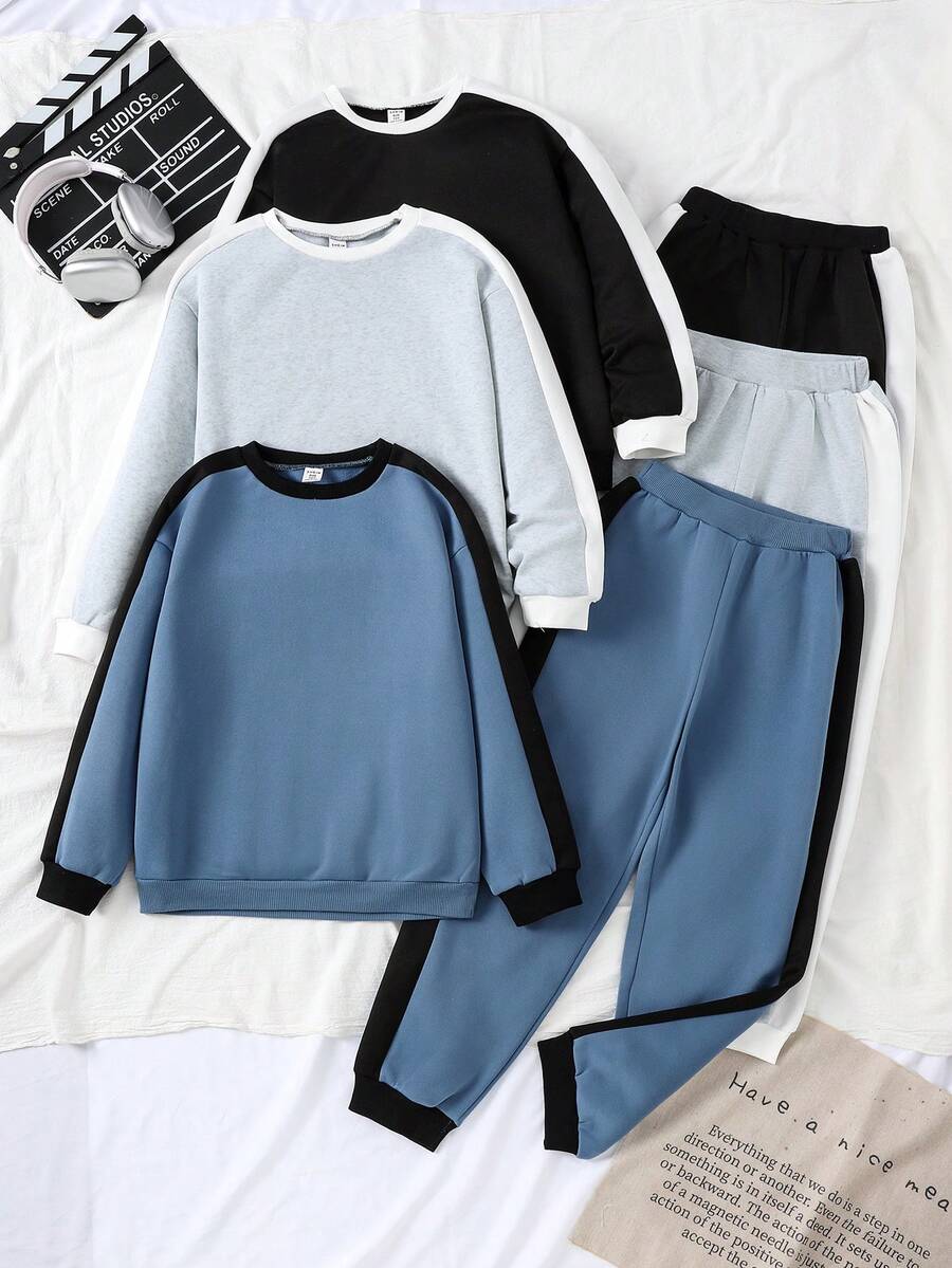 SHEIN Explorewe 3 Confezioni di Felpe Girocollo per Ragazzi Giovani, Abito di Moda a Contrasto di Colore per Bambini in Autunno e Inverno, Versatile e Semplice, Adatto per 8-12 Anni - Multicolore - Visualizzare 1