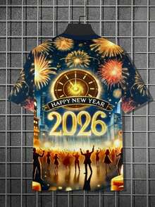 Manfinity Homme 男士时尚3D印花“2026新年快乐”T恤 圣诞上衣 圣诞礼物 男士礼物 圣诞T恤 - 彩色 - 查看 5