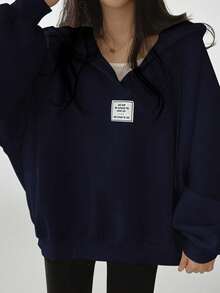 INAWLY Women's Letter Graphic Loose Fit Drawstring Hooded Sweatshirt - Royal Blue - View 5
