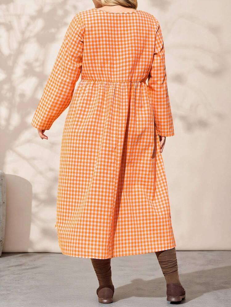 Plus Size Women Fall/Winter Street Fashion Round Neck Long Sleeve Orange Plaid Long Dress With Pockets,Autumn/Winter,Going Out Outfits,2025 New Clothes,Simple And Fashionable For Everyday Wear,Christmas Outfit For Women ,New Year Clothes,Plus Size Winter Clothes, Christmas Outfit For Women ,New Year Clothes,Thanksgiving Outfit For Women ,New Year Dress,Flowy Dress
