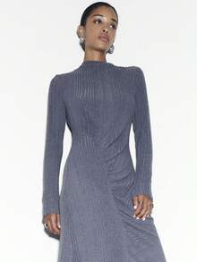 Nöista Elegant Long Grey Ribbed Dress Featuring A High Neckline, Soft Stretch Texture And A Ruched Waist That Creates A Refined And Feminine Shape; An Ideal Spring Break Outfits Piece For Birthday Outfits For Women Clothes Evenings, Elegant Celebrations And Sophisticated Seasonal Occasions That Call For Comfort With A Sleek Modern Finish. - Dark Grey - View 7
