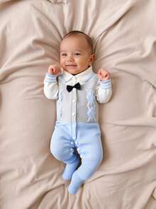 SHEIN Baby Boy Clothing Cute Blue Autumn Birthday One-Piece Crawling Suit,Diamond Pattern Long-Sleeved Knitted Sweater Romper For Parties,Christmas,Soft - Blue - View 5