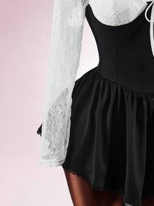 Amplova Black And White,Autumn,Elegant,Goth,Night Out Fitted Semi-Sheer Heart-Shaped Bust Long Sleeve Bodycon Mini Dress,Open Back & Criss-Cross Corset Dress - Black - View 8