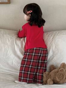 DAZY Toddler Girls' Round Neck Solid Color Casual T-Shirt And Plaid Pants Set, Homewear Christmas - Red - View 2