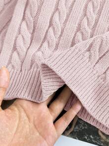 SHEIN Firerie Kids Tween Girl Casual Solid Color Dropped Shoulder Loose Textured Knit Cropped Sweater, Autumn/Winter - Baby Pink - View 3