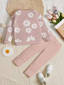 SHEIN 2pcs/Set Young Girl Casual Crew Neck Long Sleeve Sweatshirt And Leggings, Classic Cute Pixel Flower Print, Suitable For Autumn/Winter - Multicolor - View 4