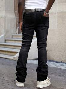 ROMWE MEN Street Life Men's Sparkling Diamond Layered Pocket Casual Versatile Jeans - Black - View 2