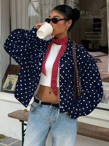 Muchica Navy Blue & White Polka Dot Casual Versatile Commute & Date Jacket, Plus Size, Spring/Summer Fall - Navy Blue - View 6