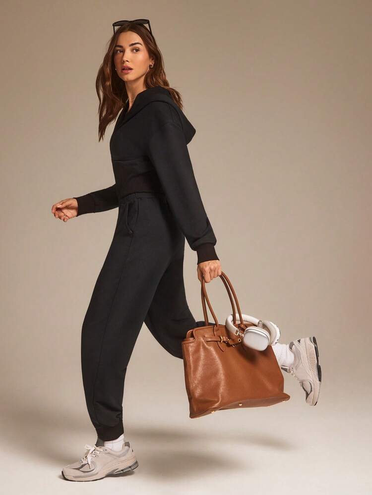 24" Everyday Terry Off-Duty Ribbed Waist Hem Zip-Up Hoodie Jumpsuit Bodysuit With Side Pockets Daily Casual Wear  Spring Summer