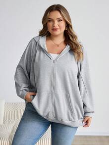 SHEIN CURVE+ 大码拉链插肩袖抽绳卫衣，秋季上衣，秋季女装/冬季 - 淺灰色 - 查看 7