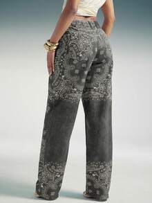 Denimoi Vintage Wash All Over Paisley Print Straight Leg Denim Jeans - Black - View 5