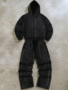 PAVTROS Bộ quần nỉ và áo hoodie có khóa kéo đính đá trang trí thường ngày cỡ lớn cho nam - màu đen - Xem 1