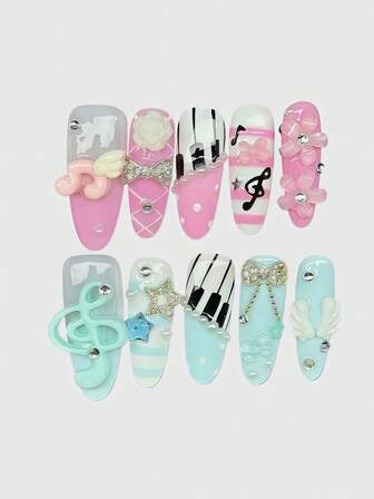 Kawaii Süße romantische Herz-Ballerina-Stil Schleifen mit weißen Flügeln, Metall-Musiknote, rosa Serie, handgefertigte falsche Nageltips, Massenproduktion energetischer Mädchenwear, geeignet für tägliche Ausflüge und Dates